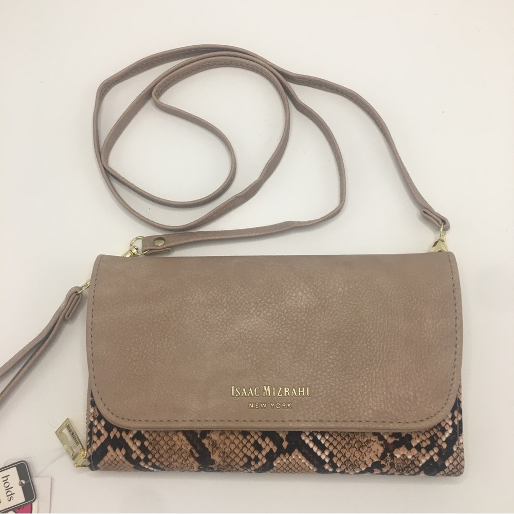 New Isaac Mizrahi Crossbody Wallet Wristlet Taupe & Black Snake Skin Print